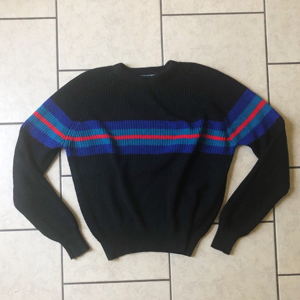 Cross Bay black, blue, & red stripe vintage ski athleisure sweater